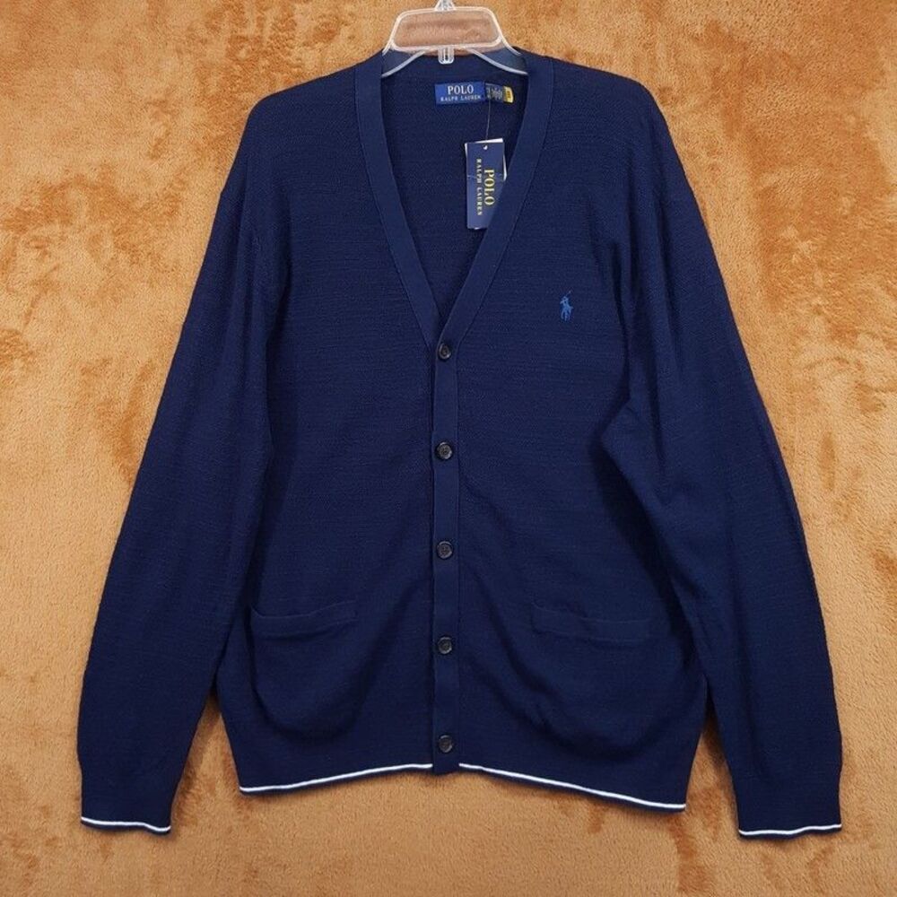Polo Ralph Lauren Sweater Mens XXL Navy Blue Cardigan Cotton Linen Textured Knit